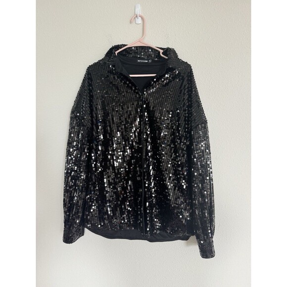 Pretty Little Thing Black Sequin Blazer Button Down Top Size 8 Disco Party Girly - Picture 1 of 9